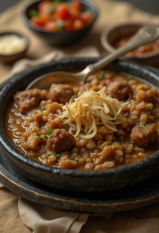Haleem med storfekjøtt servert med yoghurt- og hvitløksdressing og ristet brød