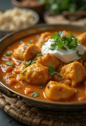 Kylling tikka masala i kremet tomatsaus, pyntet med frisk koriander