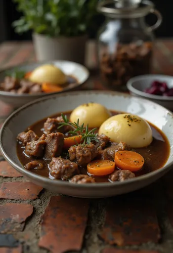 Kalops med kokte poteter, med rik kjøttsaus
