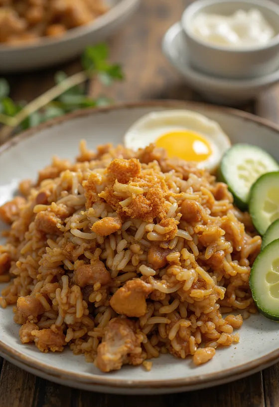 Nasi Goreng servert med frisk agurk og koriander
