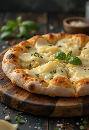 Pizza ai Formaggi servert med ulike oster og frisk basilikum