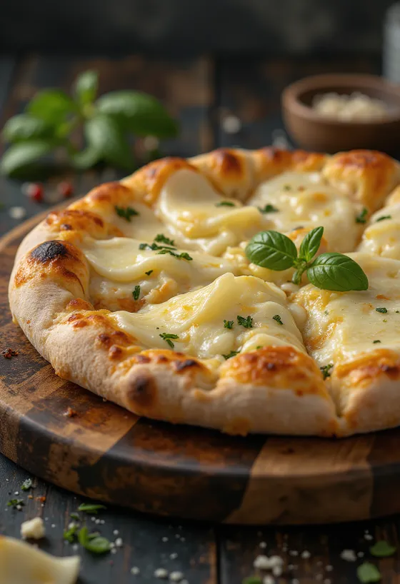 Pizza ai Formaggi servert med ulike oster og frisk basilikum