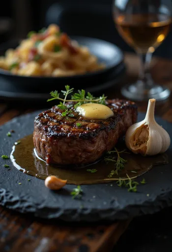 Rib eye steak stekt gyllenbrun, servert med ferske urter og smør