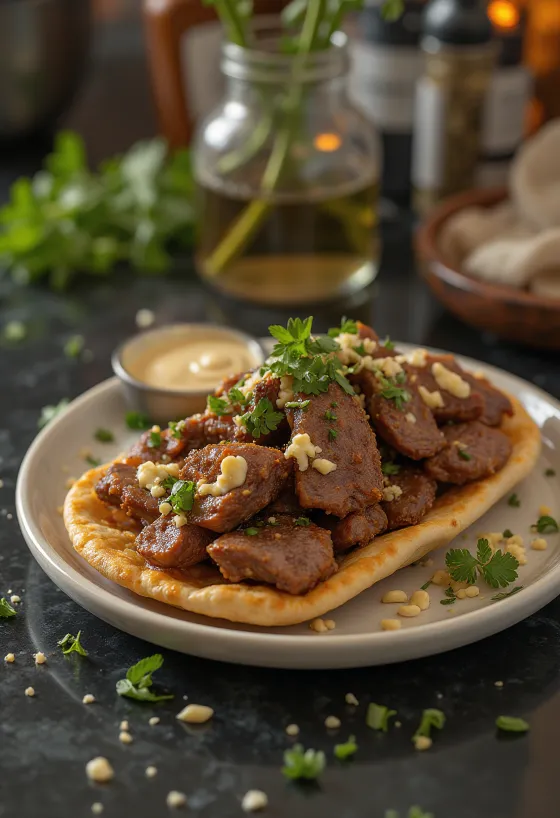 Shoarma med lammekjøtt, friske grønnsaker og yoghurt