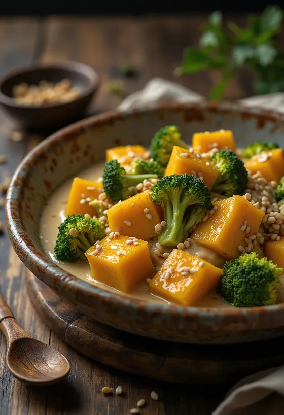 Gresskar- og brokkolicurry med tahini