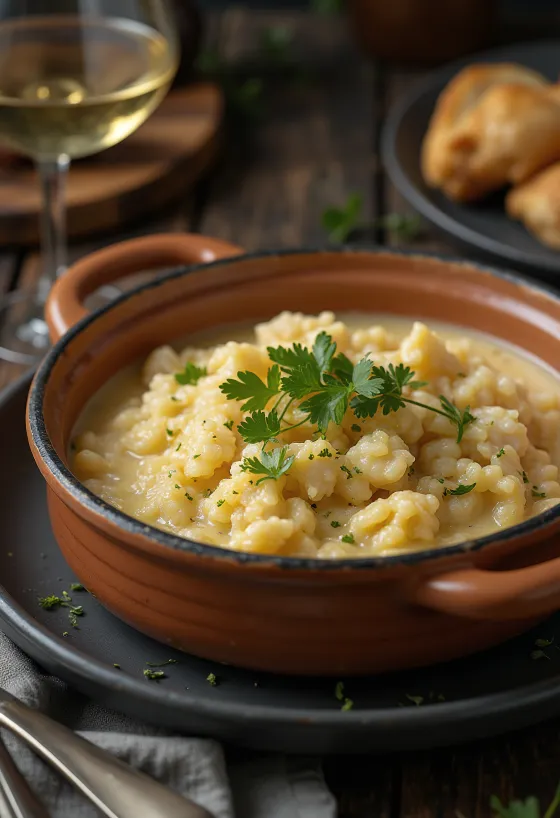 Açorda med torsk, fiskesuppe med hvitvin, melk og frisk persille