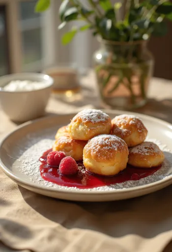 Æbleskiver servert med bringebærsyltetøy og melis