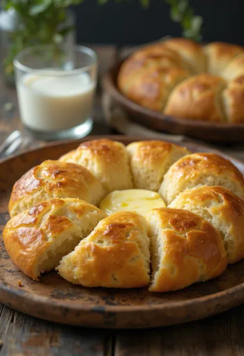 Nybakt bannock, gyllenbrun med myk deig, skåret i stykker