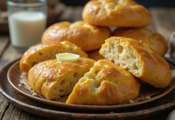 Nybakt bannock, gyllenbrun med myk deig, skåret i stykker