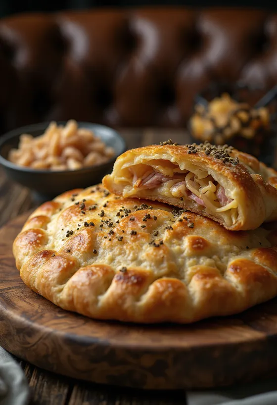 Calzone med røkt svineskank og surkål nystekt