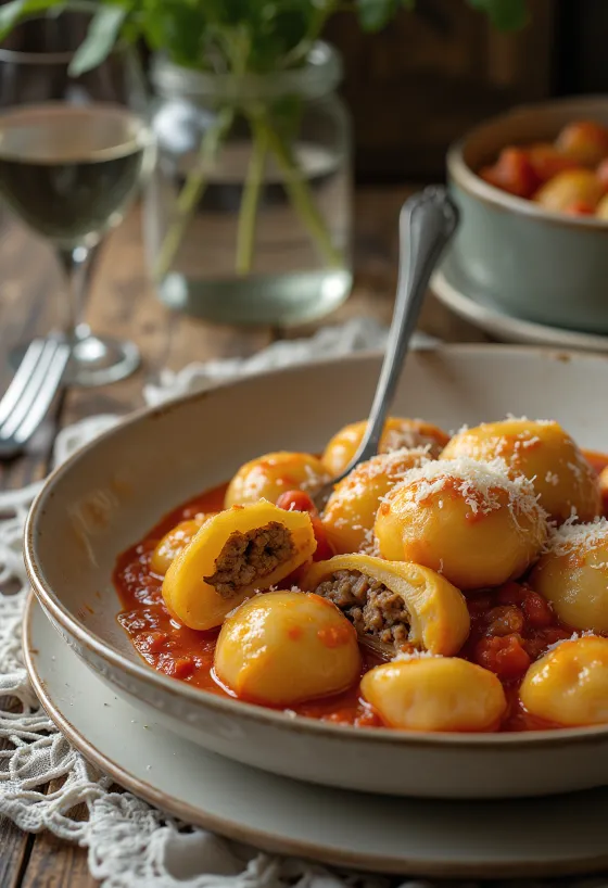 Gnocchi fylt med kjøtt servert
