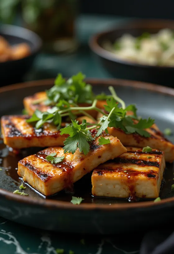 Grillet tofu i krydret saus servert