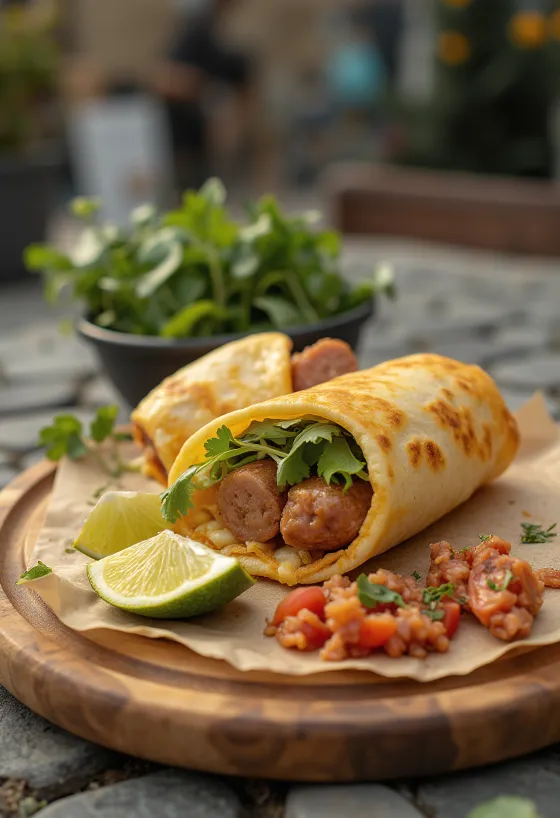 Pølseburrito servert