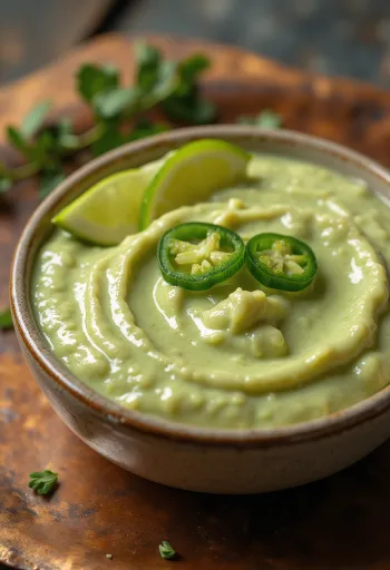 Jalapeño- og limesaus i en skål, pyntet med limeskiver og frisk koriander.