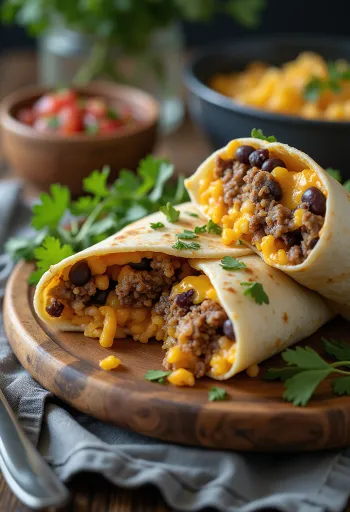 Meksikansk burrito i tortillarull, fylt med ris, bønner og storfekjøtt