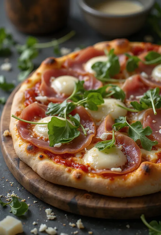 Pizza al Prosciutto Crudo servert med parmaskinke og ruccola