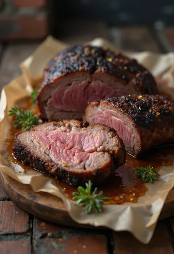 Smoked brisket servert i tynne skiver med barbecuesaus og tilbehør