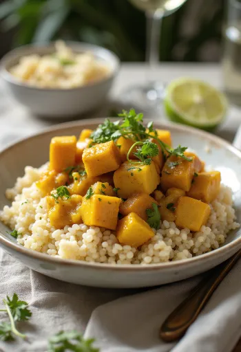 Gresskar- og limetofu servert med quinoacurry