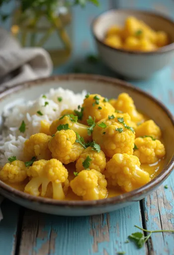 Vegansk blomkålcurry servert med kokosmelk og krydder