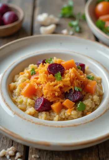 Açorda med grønnsaker, i skål pyntet med persille