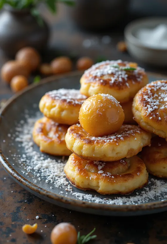 Æbleskiver pannekaker, drysset med melis