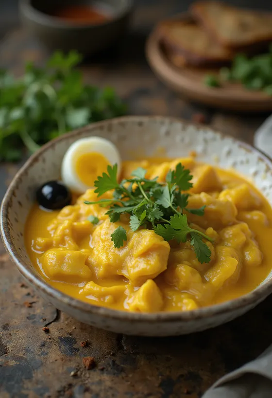 Ají de gallina servert med koriander og kremet saus