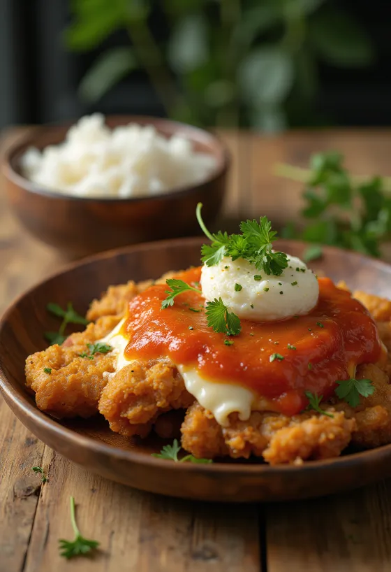 Ayam geprek med ost, sprøtt kyllingbryst servert med ost, sambal og ris