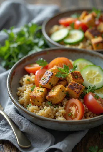 Grillet tofu servert med quinoasalat
