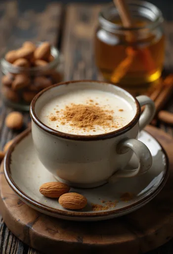 Kremet mandelmelk med honning i kopp med kanel og vanilje
