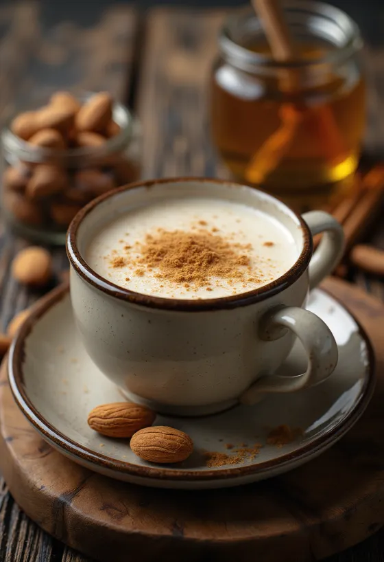 Kremet mandelmelk med honning i kopp med kanel og vanilje