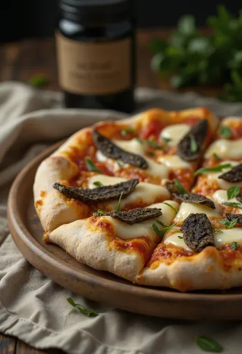 Pizza med trøffel servert med mozzarella og parmesan