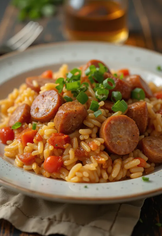 Smoked sausage jambalaya servert i en bolle pyntet med persille
