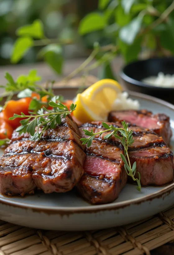 Grillet emubiff servert på en rustikk tallerken