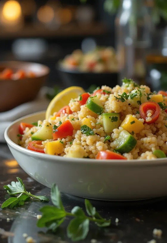 Frisk couscous-salat servert med fargerike grønnsaker og urter.