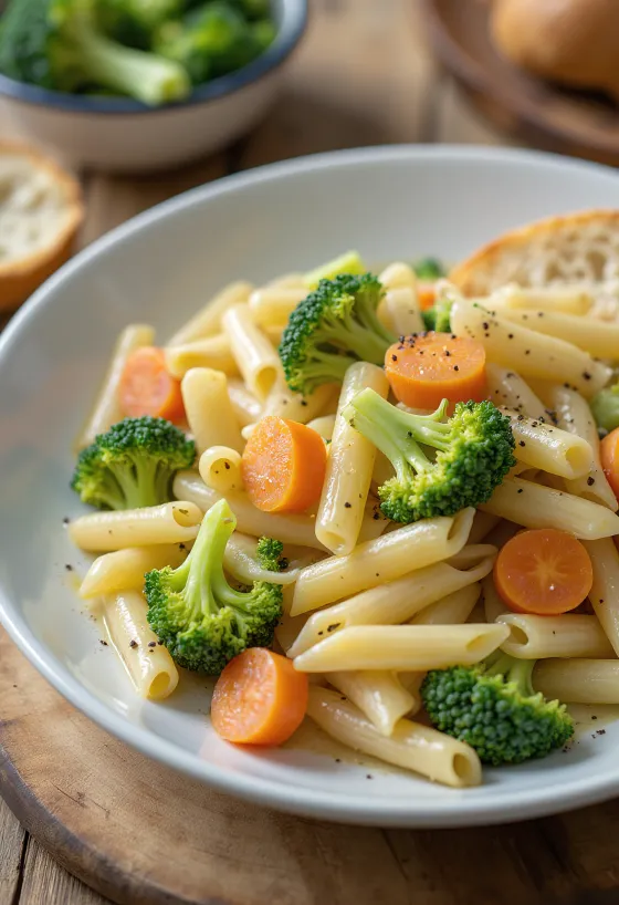 Menestra med brokkoli, pasta og grønnsaker servert i en rik saus