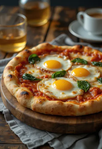 Pizza alla Bismarck servert med ferske egg og spinat