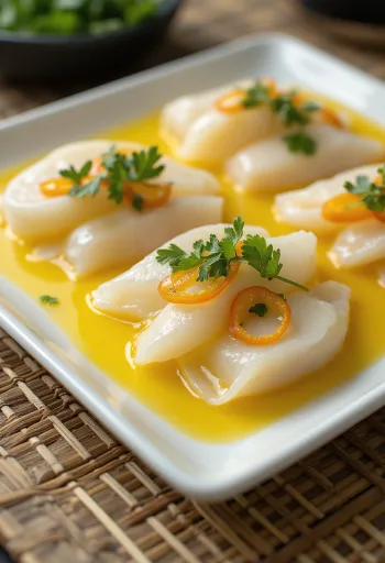 Tiradito med ají amarillo-saus, fersk fisk, pyntet med koriander og lime