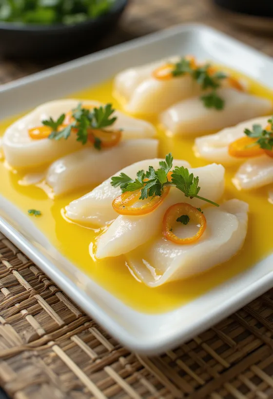 Tiradito med ají amarillo-saus, fersk fisk, pyntet med koriander og lime