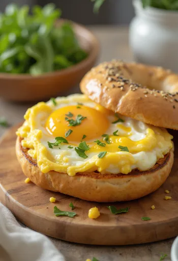 Bagel med egg og sennep servert