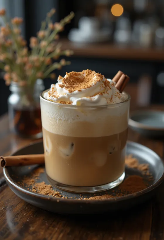 Kanel- og myntefrappé kaffedrikk pyntet med pisket krem, kanelstang og mynteblader