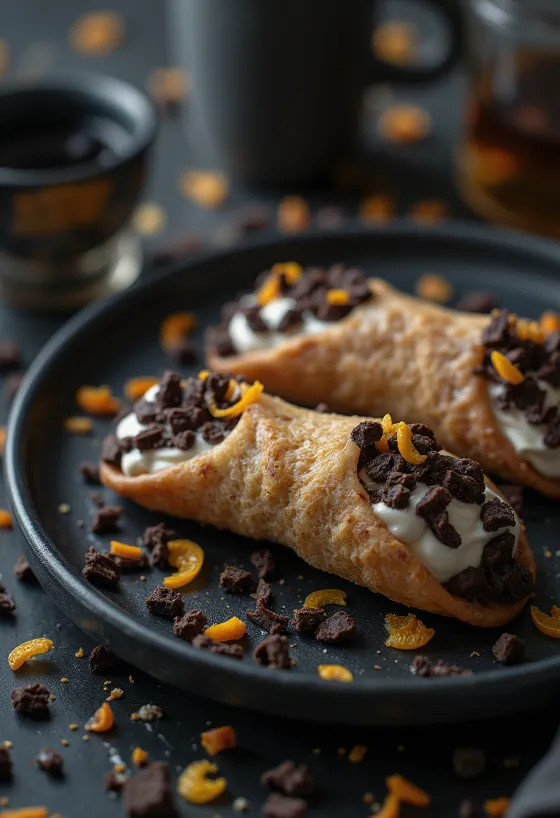 Mørk sjokolade- og rom-cannoli servert