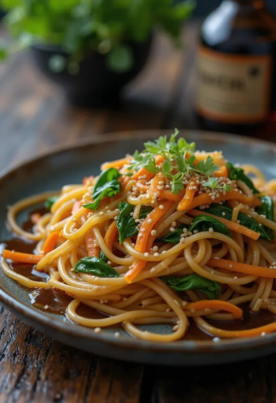 Japchae med soyasaus og sukker servert, med søtpotetnudler og grønnsaker