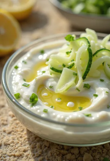 Rømmedipp med dill og agurk i en skål, pyntet med dill og agurk.