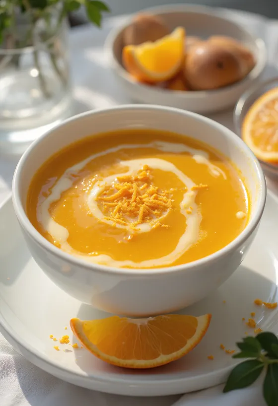 Kremet gulrotsuppe med honning og appelsin servert