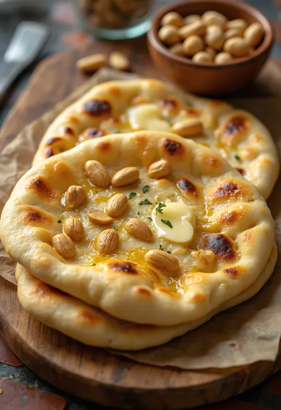 Naan-brød med ristede peanøtter servert
