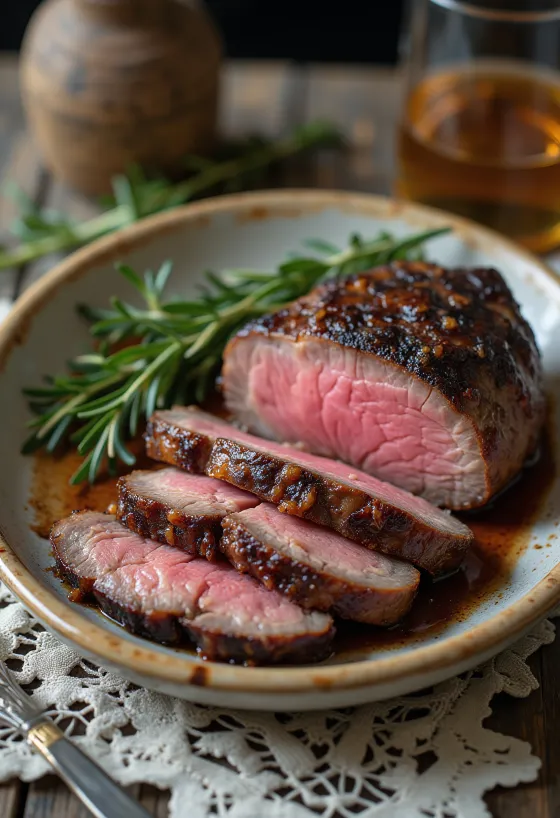 Smoked Venison Steak, røkt hjortebiff servert med stekte grønnsaker og rosmarin