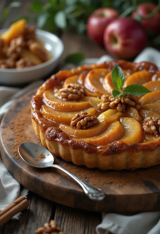 Tarte Tatin servert med karamelliserte epler og valnøtter