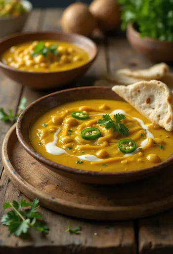 Tok dal med kokosmelk, servert med gule erter og koriander