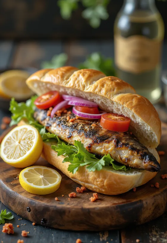 Balık ekmek med makrell, servert med tomat, salat og sitron