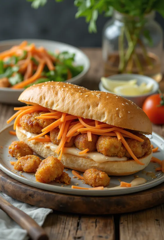 Bánh Mì Chả Cá sandwich med fiskekaker servert med ferske grønnsaker og koriander.